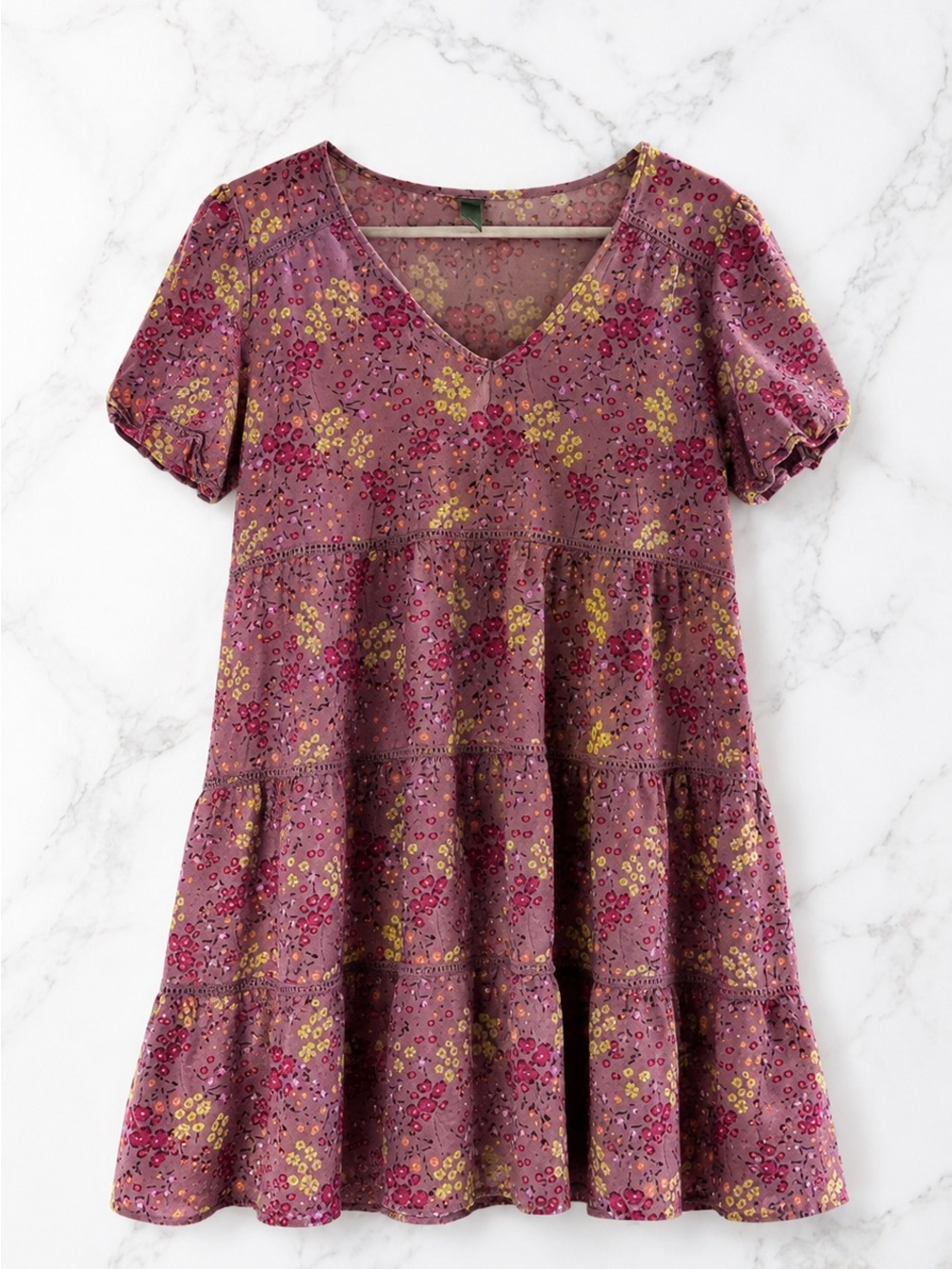 Target Floral Tiered V-Neck Dress in Mauve with Yellow and Burgundy Floral Print